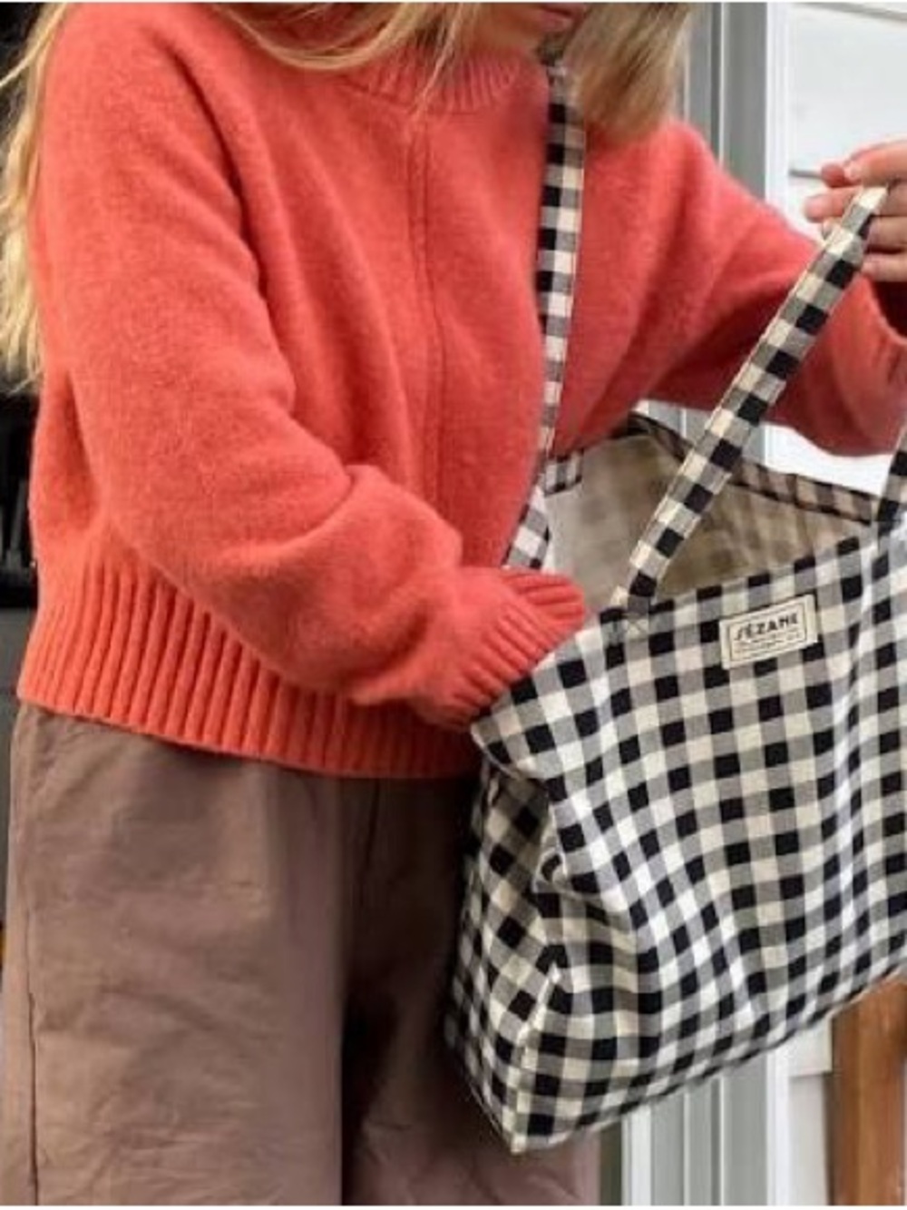 Sézane Black & Cream Gingham Canvas Tote
